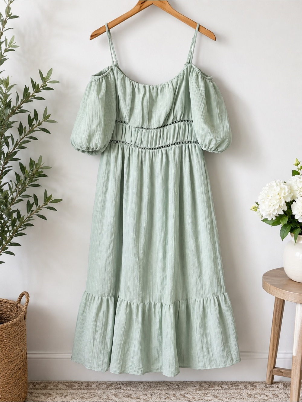 ASTR The Label Sage Green Off Shoulder Midi Dress Cottagecore